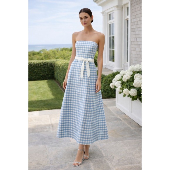 Ralph Lauren Dresses & Skirts - Ralph Lauren 100% Silk Blue Gingham Strapless Maxi Dress Sz 10 Quiet Luxury